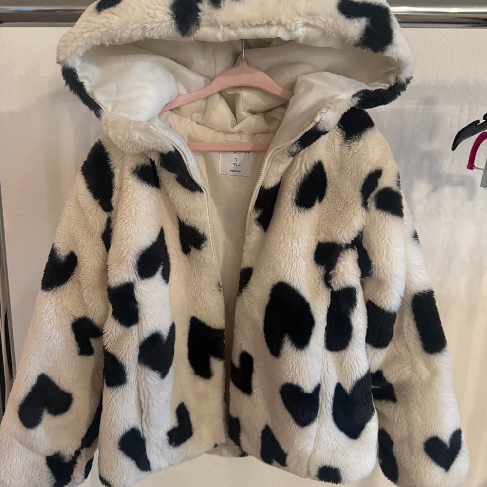 Mayoral Kids Faux Fur Heart Pattern Jacket - Cream and Black